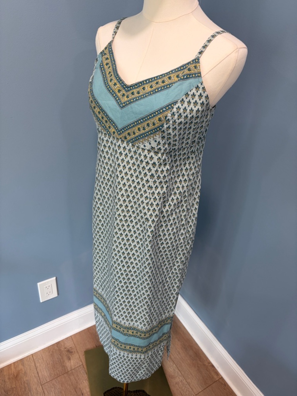 American Eagle Blue Boho Print 100% Cotton Midi Dress Spaghetti Strap Sundress